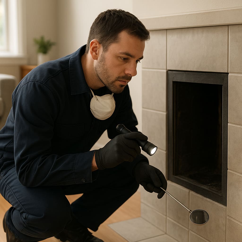 Schornsteinfeger bei der Kontrolle eines Abgaswegs in einem Wohnhaus